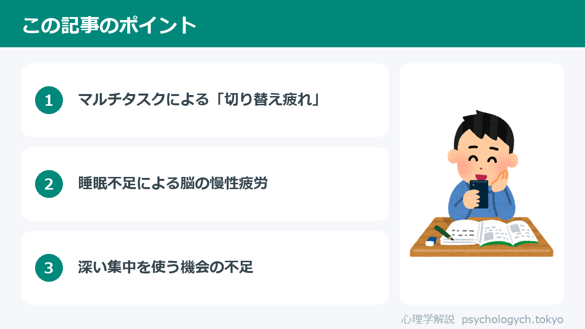 大人の集中力が続かない3つの原因のポイント図解