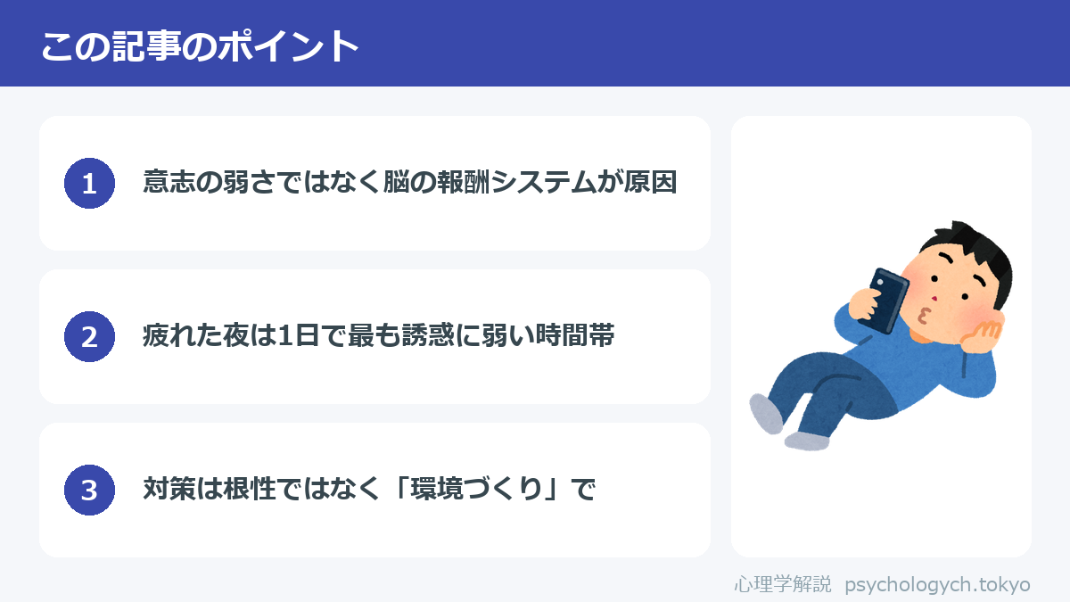寝る前のスマホがやめられない理由と対策のポイント図解