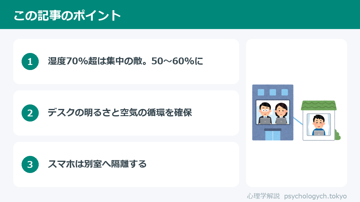 梅雨の在宅ワーク集中力の守り方のポイント図解
