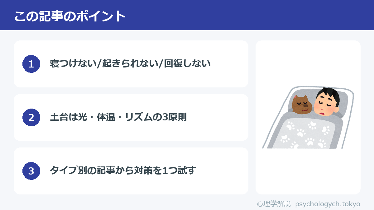睡眠の悩み別対策ガイド総まとめのポイント図解