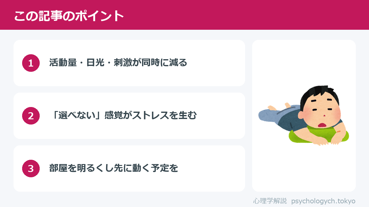 雨続きで家から出られないストレスのポイント図解